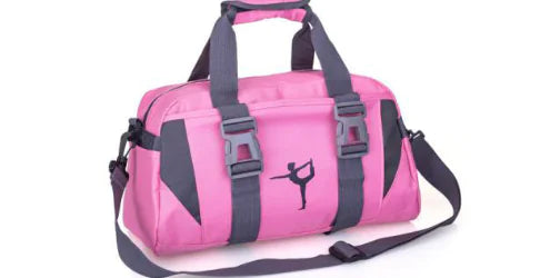 Pink duffel bag with black straps and a logo on a white background, from ghg global powerhouse.