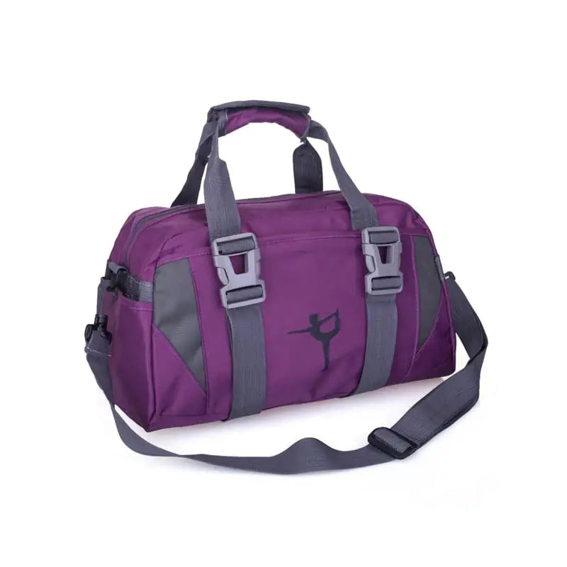 Purple duffel bag with gray straps on a white background, from ghg global powerhouse.