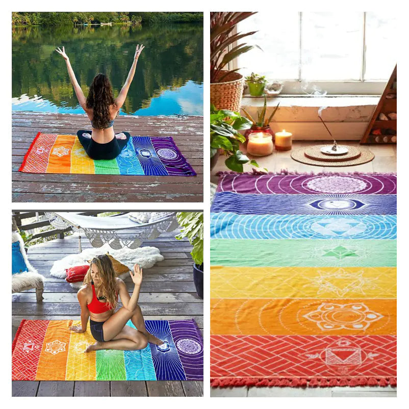 Colorful yoga mats on a wooden deck and floor with people using them. From ghg wellness shop.