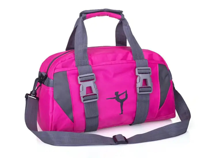 Pink duffel bag with gray straps on a white background, from ghg global powerhouse.