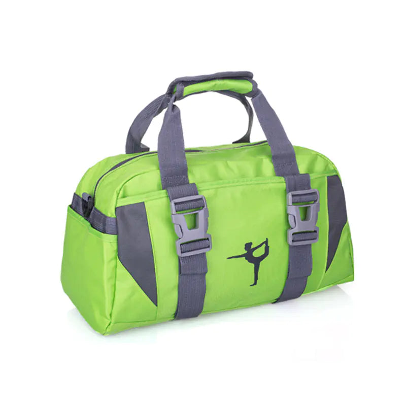 Green duffel bag with gray straps on a white background, from ghg global powerhouse.