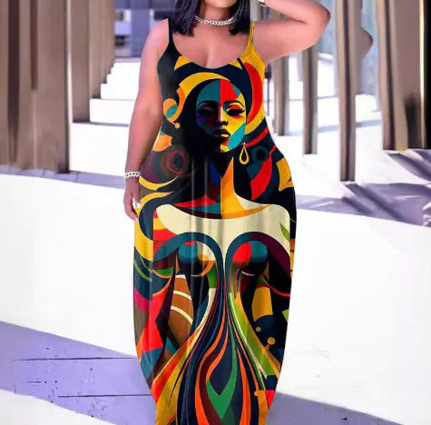 Woman wearing a colorful dress with abstract design in an indoor setting. From ghg wellness shop.