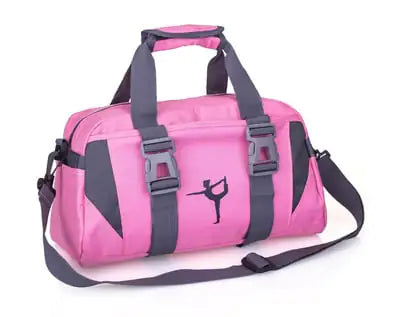 Pink duffel bag with gray straps on a white background, from ghg global powerhouse.