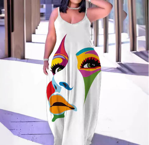 White dress with colorful abstract designs on a white background. From ghg wellness shop.