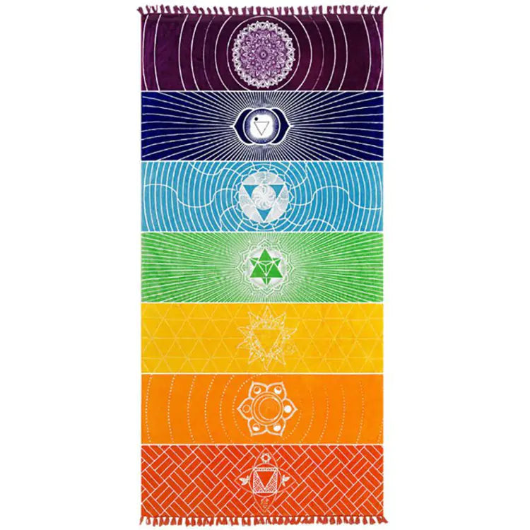 Colorful towel with chakra symbols on a white background. From ghg wellness shop.
