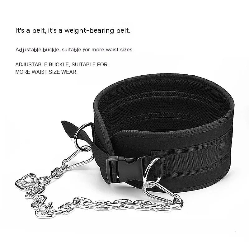 Black weight-bearing belt with chain on a white background, from ghg global powerhouse.