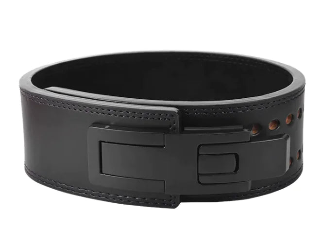Black leather weightlifting belt on a white background, from ghg global powerhouse.