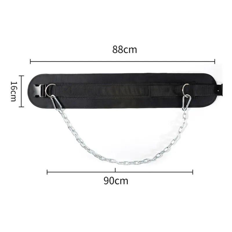 Black belt with chain and measurements on a white background, from ghg global powerhouse.