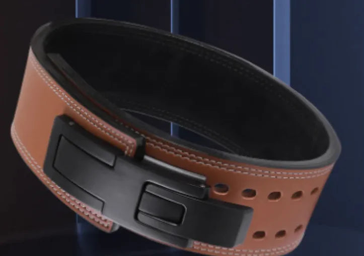 Brown leather belt with black hardware on a dark background, from ghg global powerhouse.