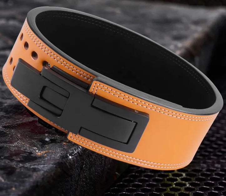 Orange and black weightlifting belt on a dark textured background, from ghg global powerhouse.