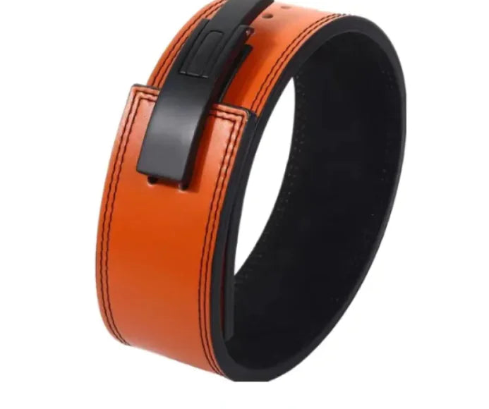 Orange leather belt with a black buckle on a white background, from ghg global powerhouse.