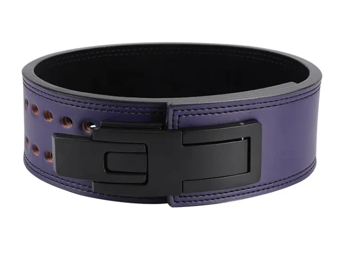 Purple weightlifting belt with black buckle on a white background, from ghg global powerhouse.