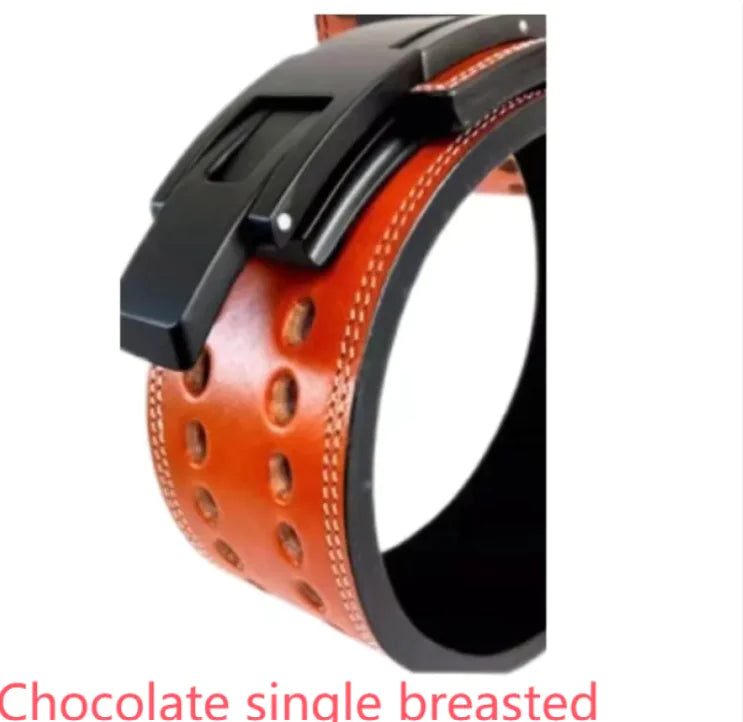 Red leather belt with black metal buckle on a white background, from ghg global powerhouse.