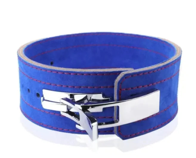 Blue leather belt with silver buckle on a white background, from ghg global powerhouse.