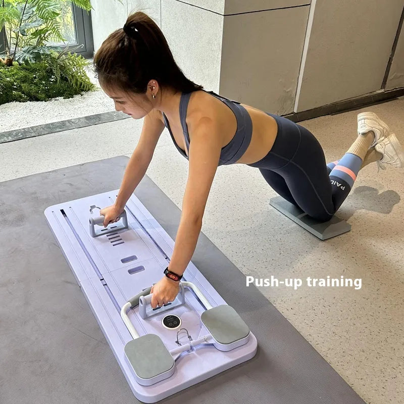 Woman performing push-up training on a specialized exercise mat outdoors. Product from ghg global powerhouse.