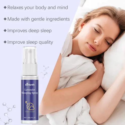 Lavender sleeping spray bottle with a woman sleeping on a pillow, text highlighting benefits. Product from ghg global powerhouse.