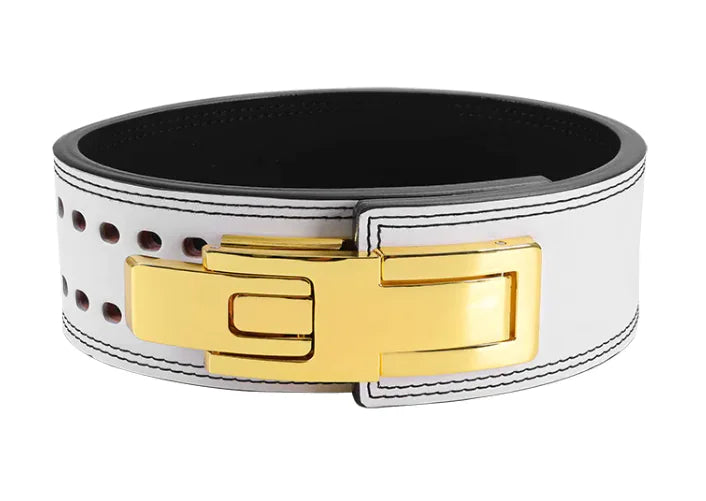 Wide belt with gold buckle on a white background, from ghg global powerhouse.