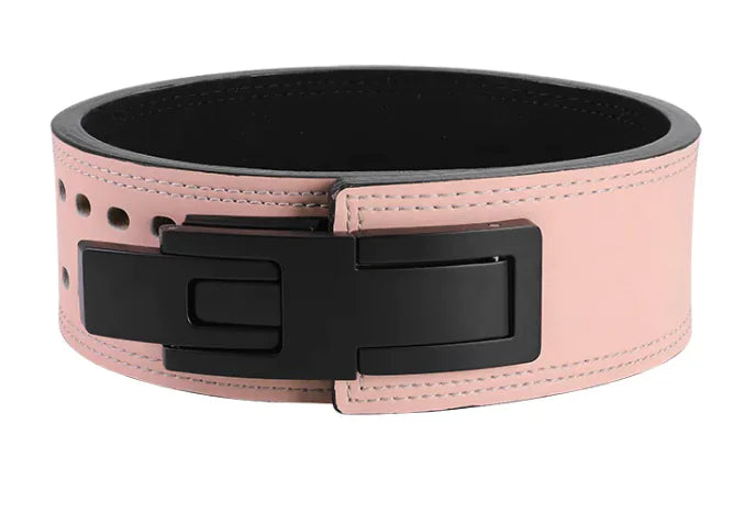 Pink weightlifting belt with black hardware on a white background, from ghg global powerhouse.
