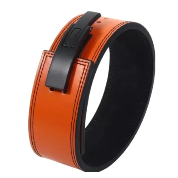 Orange leather belt with a black buckle on a white background, from ghg global powerhouse.