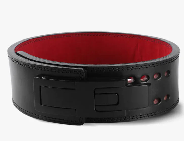 Black weightlifting belt with red interior on a white background, from ghg global powerhouse.