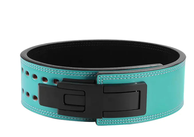 Teal weightlifting belt with black buckle on a white background, from ghg global powerhouse.
