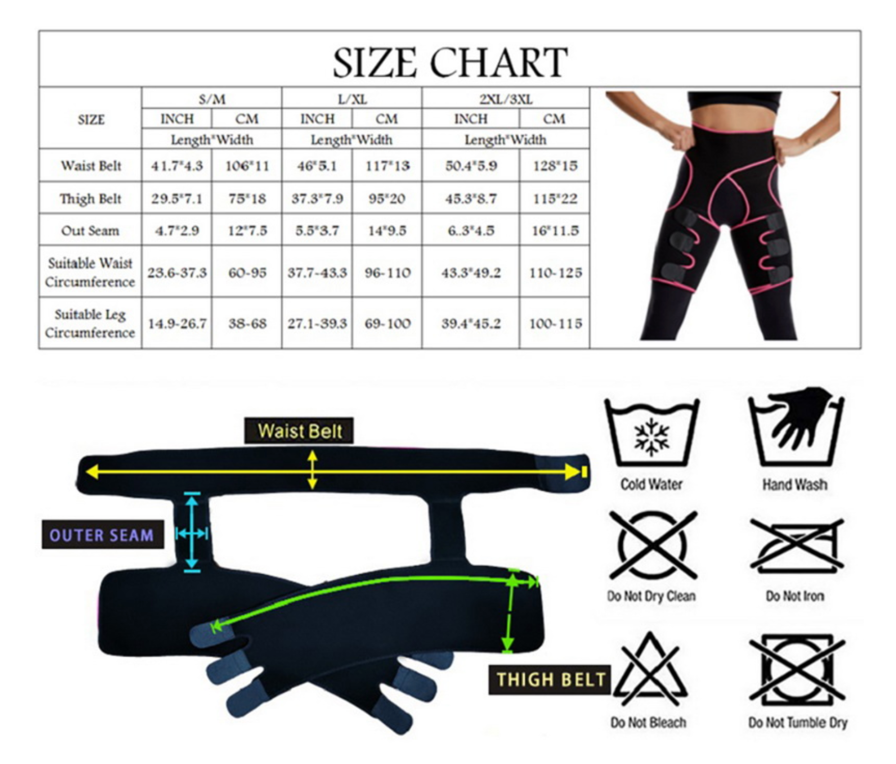 size guide for waist trainer thigh slimmer from ghg wellness shop